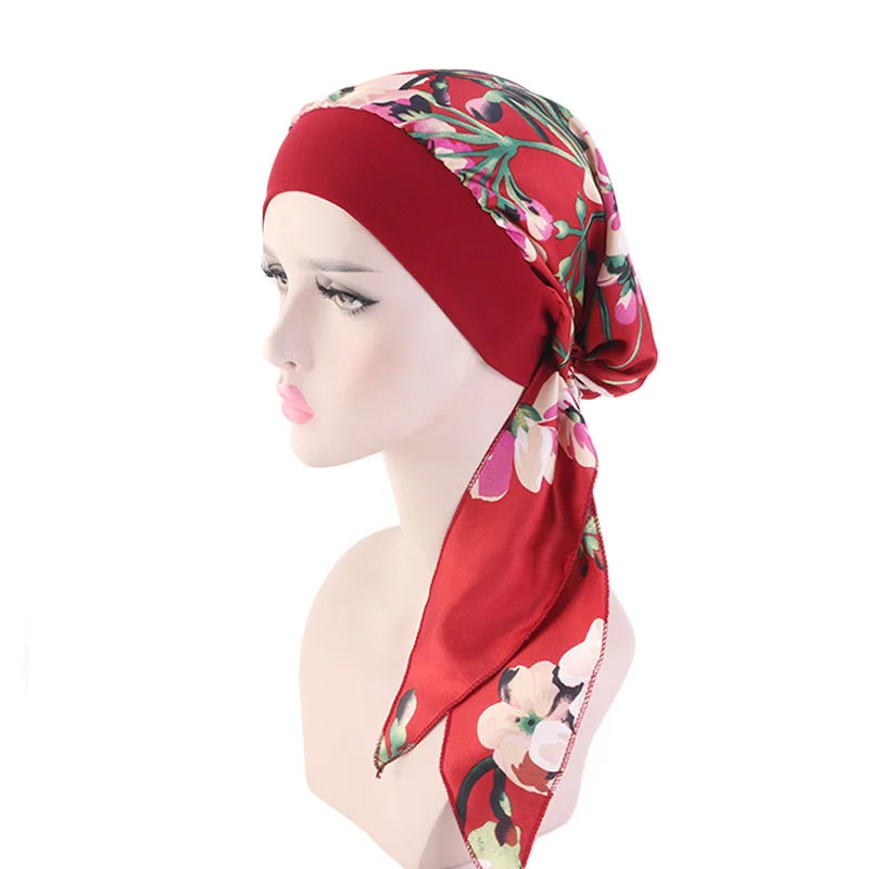 Muslim Women Headwear Turbans Silky Head Scarf With Wide Band Printed Sleeping Hat Hijab Bonnet Hair Cover Ready To Wear - NamafadStore
