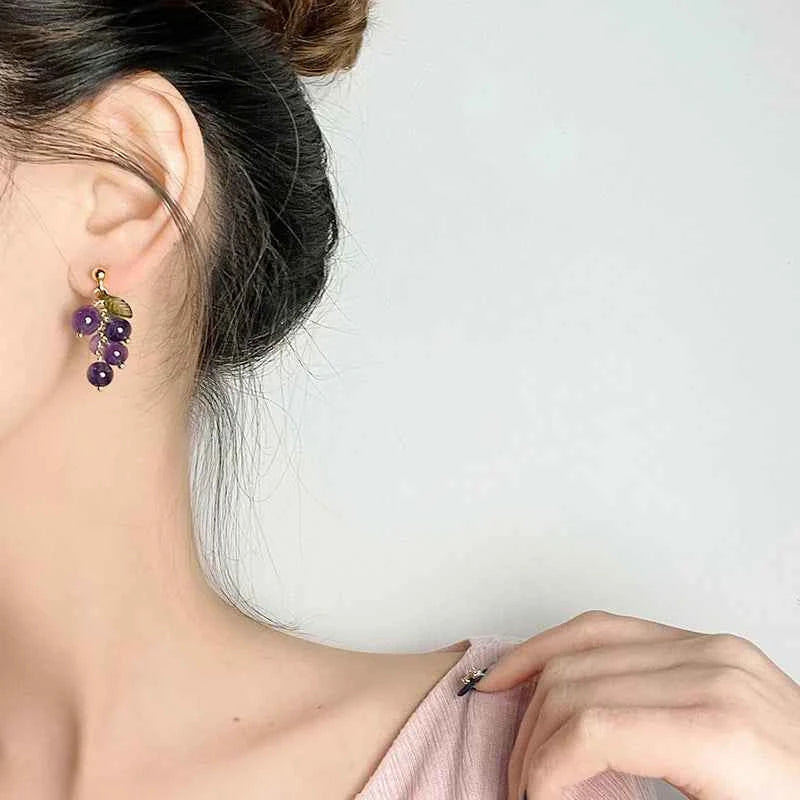 Korean Purple Grape Earrings Retro Fresh Summer No Pierced Clip on Earrings for Woman Sweet Temperament Female Gift Jewelry
