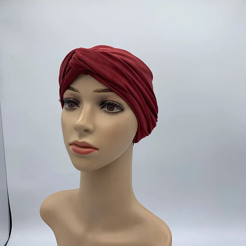 Fashion Women Cross Twist Suede Turban Caps Soild Color Female Headscarf Bonnet Muslim Hijab Cap Islamic Under Scarf India Hat - NamafadStore