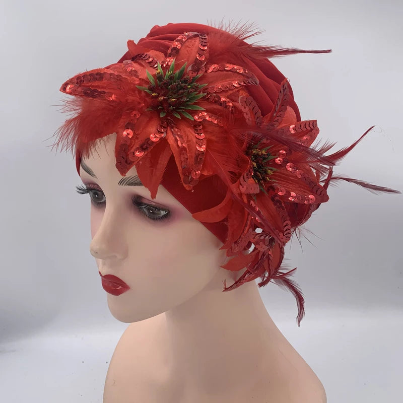 2024 New Feather Sequins Turban Caps for Women Wedding Party Headwear Hat African Headtie Muslim Headscarf Female Head Wraps - NamafadStore
