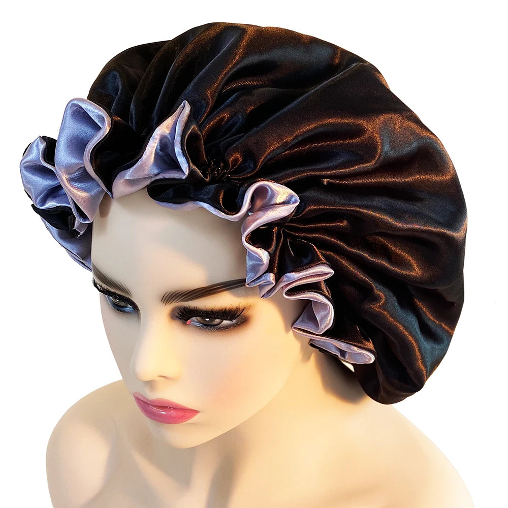 Women Satin Bonnet Fashion Double Layer Silky Big Bonnet for Lady Sleep Cap Head Wrap Hair Styling Accessories