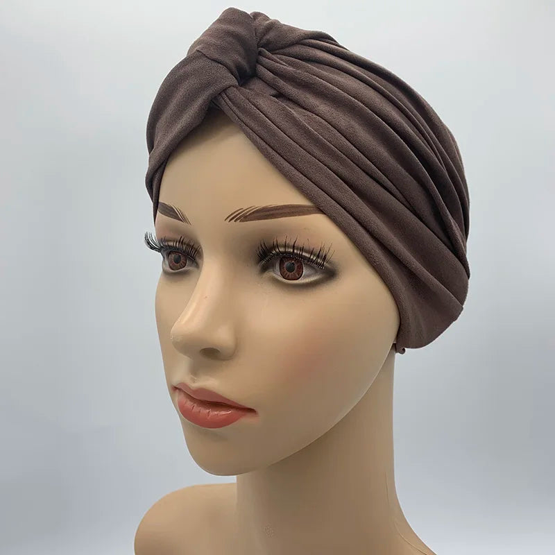 Fashion Women Cross Twist Suede Turban Caps Soild Color Female Headscarf Bonnet Muslim Hijab Cap Islamic Under Scarf India Hat - NamafadStore
