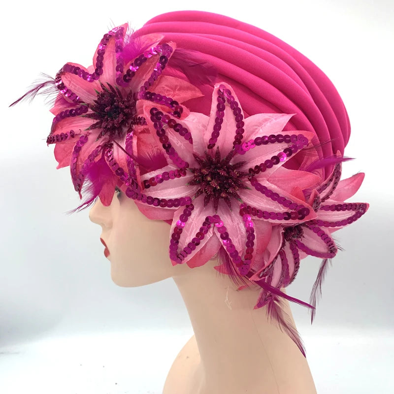 2024 New Feather Sequins Turban Caps for Women Wedding Party Headwear Hat African Headtie Muslim Headscarf Female Head Wraps - NamafadStore