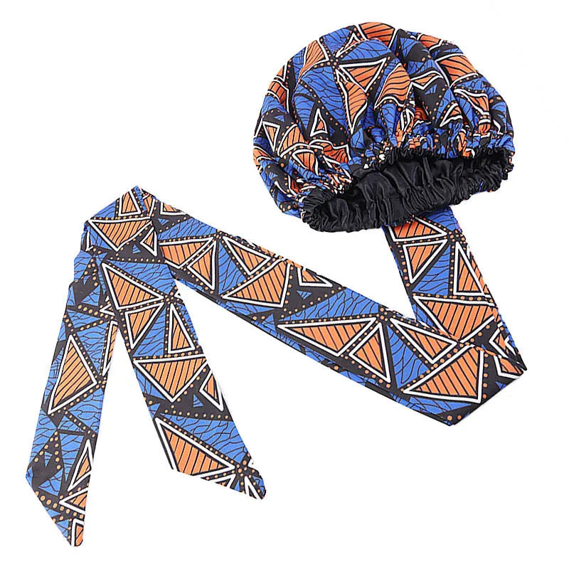 Satin Lining African Pattern Bonnet With Long Ribbon Women's Head Wrap Turban Cap Floral Print Ankara Hair Bonnet Hat - NamafadStore