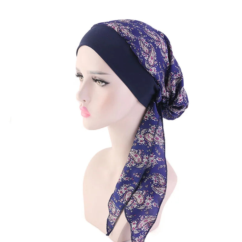 Muslim Women Headwear Turbans Silky Head Scarf With Wide Band Printed Sleeping Hat Hijab Bonnet Hair Cover Ready To Wear - NamafadStore