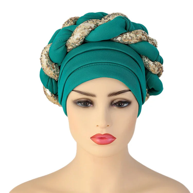 Women Braid Turbans Latest African Headtie Ladies Sequin Head Wraps African Aso Oke Winter Headtie Negerian Wedding Gele Caps - NamafadStore