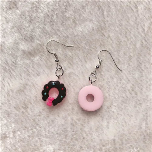 1Pair Drop Earrings Cute Donuts and Cake Cartoon Food pink color Handmade Flatback ResinEarrings Jewelry  For Woman And Girl