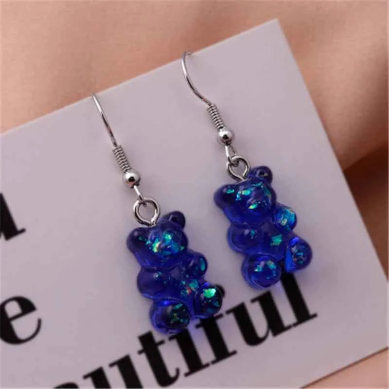 Sequins Resin Gummy Candy Colour Bear Dangle Earrings For Women Girl DIY Cartoon Animal Bear Earrings Creative Drop Jewelry Gift