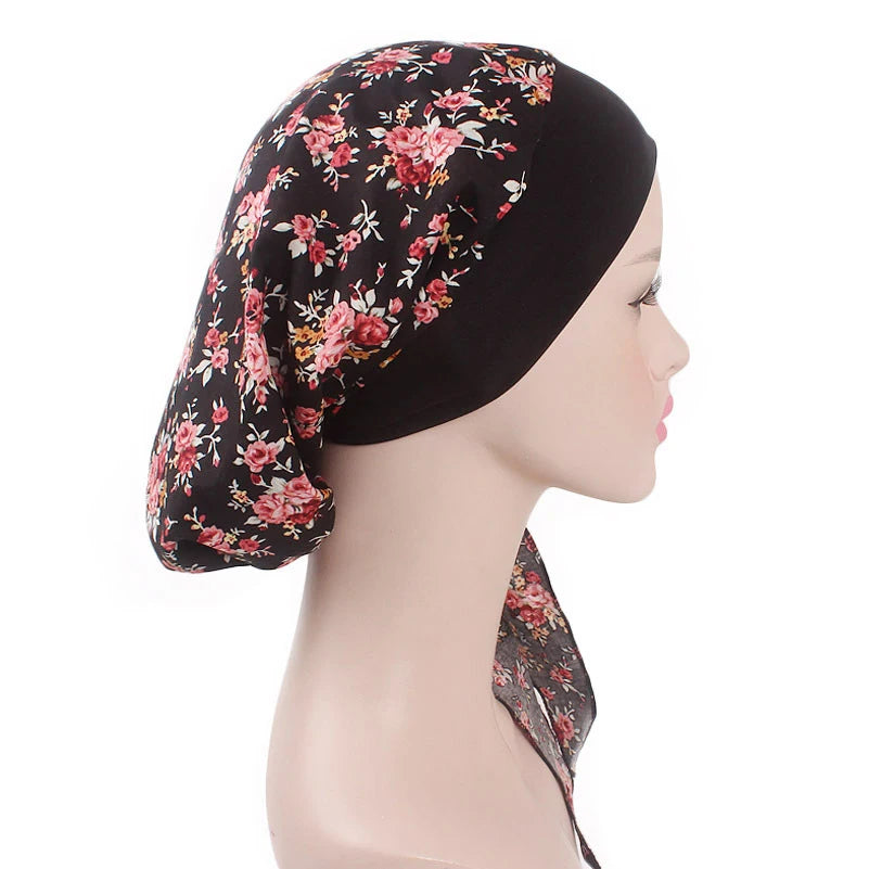 New fashion printed flowers women inner hijabs caps muslim head scarf turban bonnet ready to wear ladies wrap under hijab cap - NamafadStore