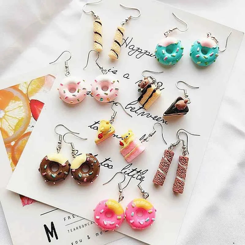 Fashion Cute Funny Chocolate Cake Drop Earrings For Women Girl Geometric Food Shape Donuts Cookies Dangle Earrings Party Jewelry