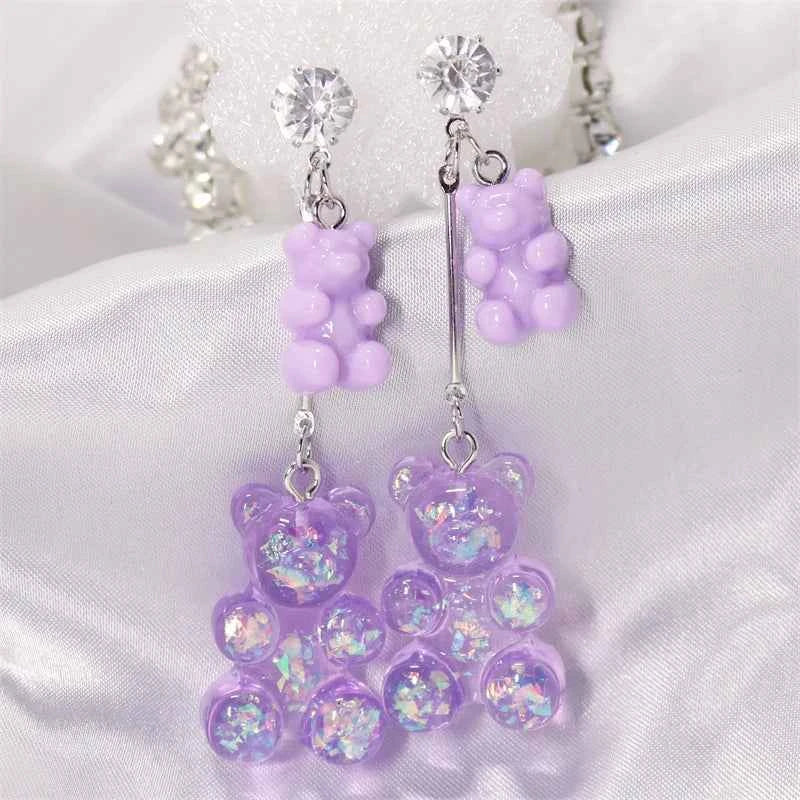 New Fashion Sequins Resin Gummy Big Bear Long Dangle Earrings Women Girl DIY Cartoon Animal Bear Earrings Creative Drop Jewelry