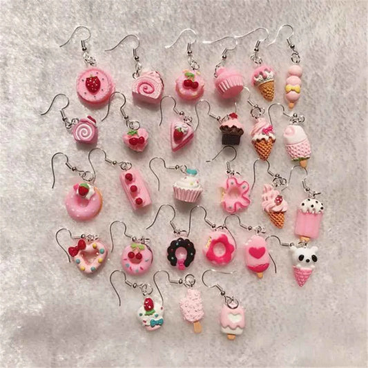 1Pair Drop Earrings Cute Donuts and Cake Cartoon Food pink color Handmade Flatback ResinEarrings Jewelry  For Woman And Girl