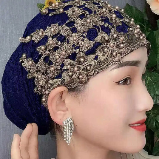 Breathable Lace Beading Turban Hat Summer Female Head Wraps Caps Muslim Women Headscarf Bonnet Ready to Wear Inner Hijabs - NamafadStore