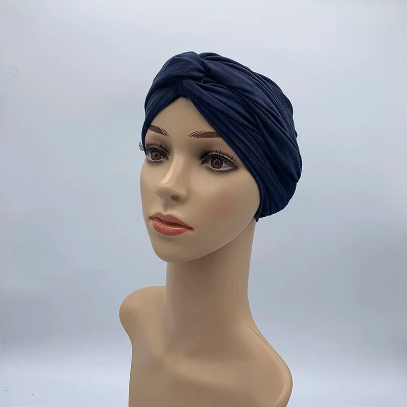 Fashion Women Cross Twist Suede Turban Caps Soild Color Female Headscarf Bonnet Muslim Hijab Cap Islamic Under Scarf India Hat - NamafadStore