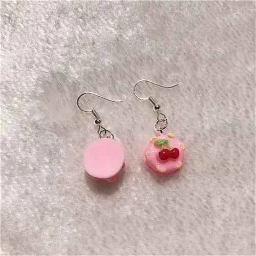 1Pair Drop Earrings Cute Donuts and Cake Cartoon Food pink color Handmade Flatback ResinEarrings Jewelry  For Woman And Girl