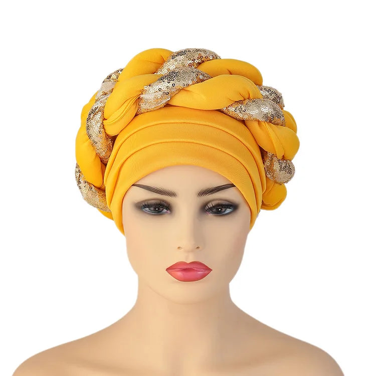 Women Braid Turbans Latest African Headtie Ladies Sequin Head Wraps African Aso Oke Winter Headtie Negerian Wedding Gele Caps - NamafadStore