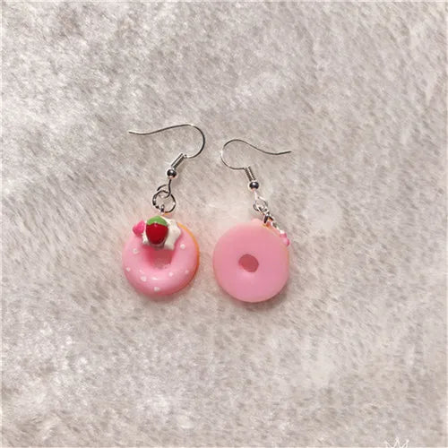 1Pair Drop Earrings Cute Donuts and Cake Cartoon Food pink color Handmade Flatback ResinEarrings Jewelry  For Woman And Girl