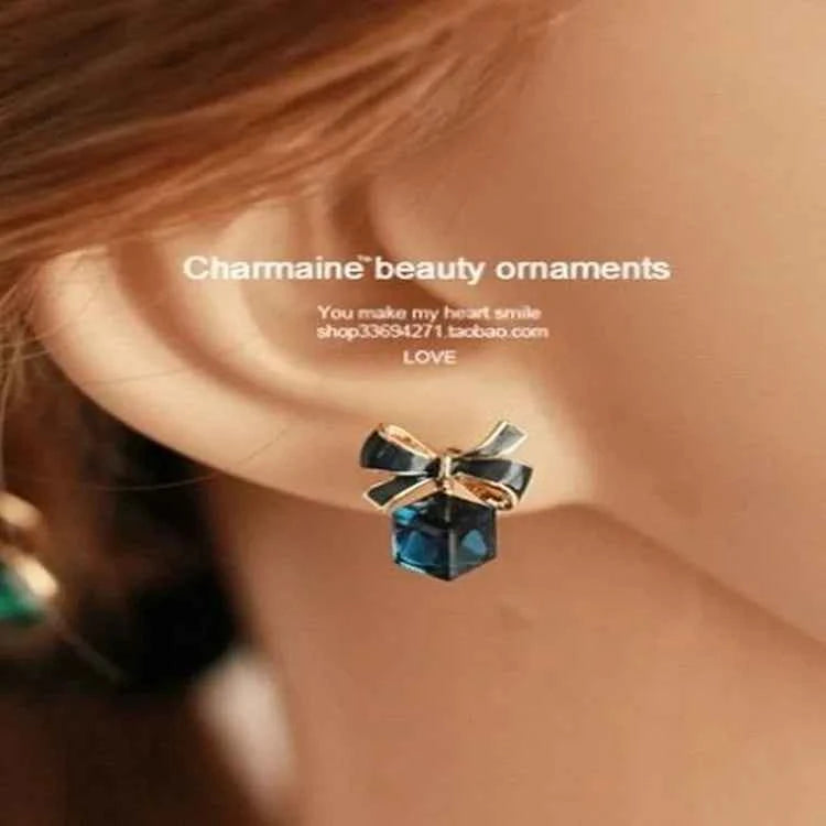Austria Exquisite Crystal Blue Water Cube Box Cube Stone Bow Couple Earrings Jewelry Wholesale Earrings For Women Oorbellen