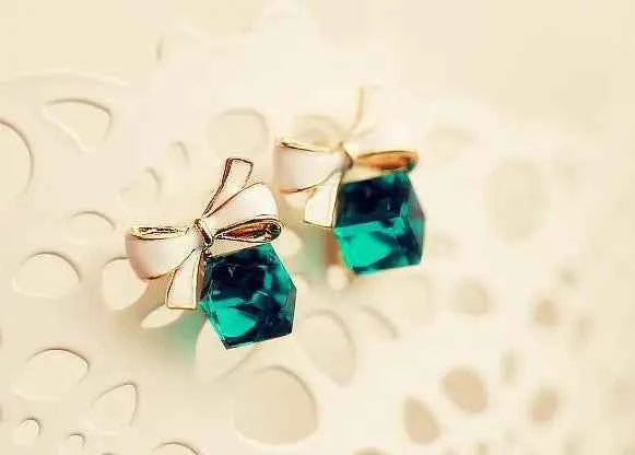 Austria Exquisite Crystal Blue Water Cube Box Cube Stone Bow Couple Earrings Jewelry Wholesale Earrings For Women Oorbellen