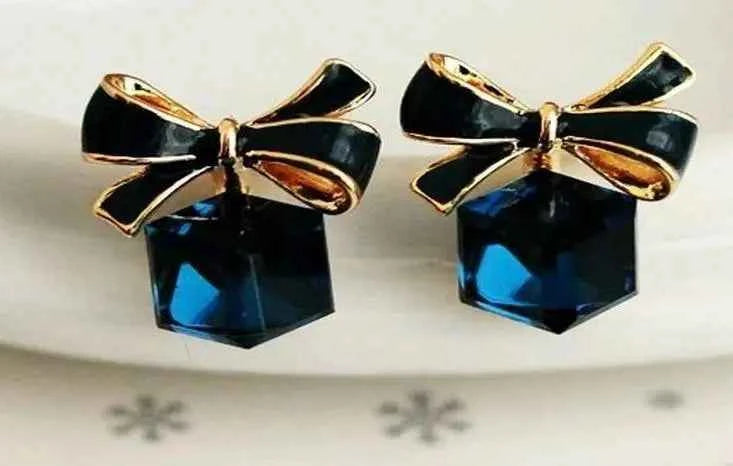 Austria Exquisite Crystal Blue Water Cube Box Cube Stone Bow Couple Earrings Jewelry Wholesale Earrings For Women Oorbellen