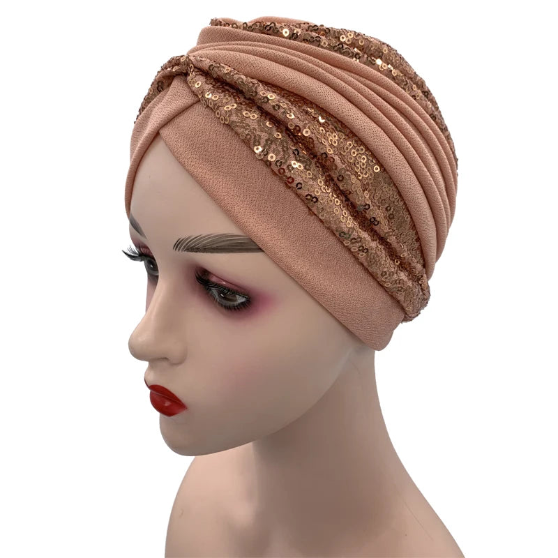 Summer Breathable Sequins Turban Cap Women's Head Wraps Muslim Headscarf Cap India Hat Ready Hijab Bonnet Turbante Mujer - NamafadStore