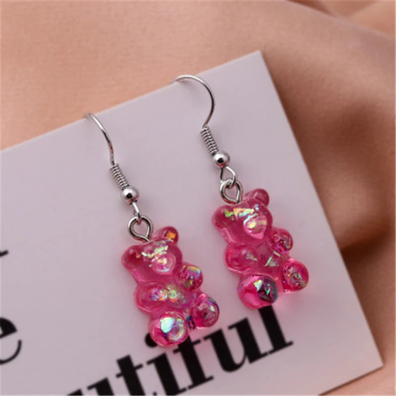 New Fashion Sequins Resin Gummy Big Bear Long Dangle Earrings Women Girl DIY Cartoon Animal Bear Earrings Creative Drop Jewelry