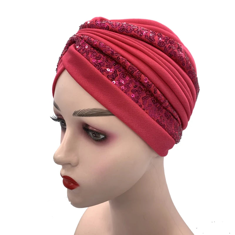 Summer Breathable Sequins Turban Cap Women's Head Wraps Muslim Headscarf Cap India Hat Ready Hijab Bonnet Turbante Mujer - NamafadStore
