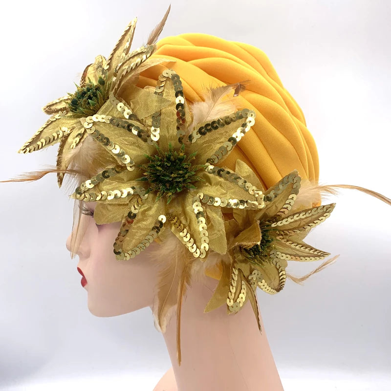 2024 New Feather Sequins Turban Caps for Women Wedding Party Headwear Hat African Headtie Muslim Headscarf Female Head Wraps - NamafadStore