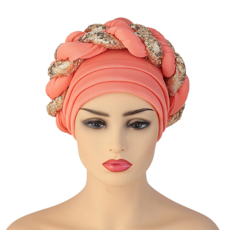 Women Braid Turbans Latest African Headtie Ladies Sequin Head Wraps African Aso Oke Winter Headtie Negerian Wedding Gele Caps - NamafadStore