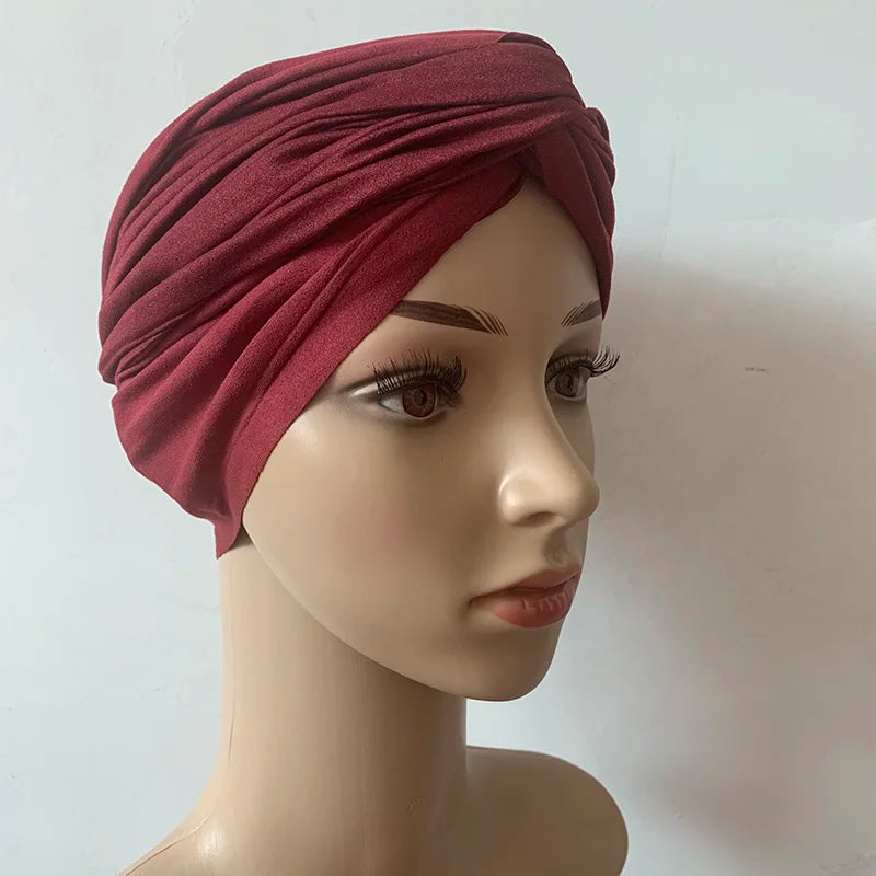 Fashion Women Cross Twist Suede Turban Caps Soild Color Female Headscarf Bonnet Muslim Hijab Cap Islamic Under Scarf India Hat - NamafadStore