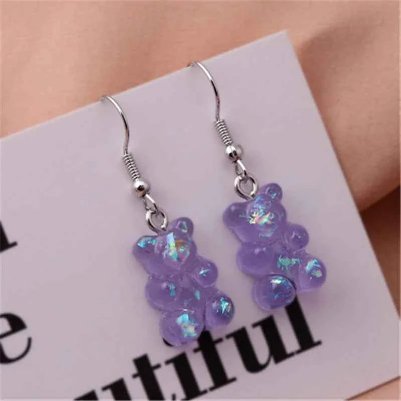 Sequins Resin Gummy Candy Colour Bear Dangle Earrings For Women Girl DIY Cartoon Animal Bear Earrings Creative Drop Jewelry Gift