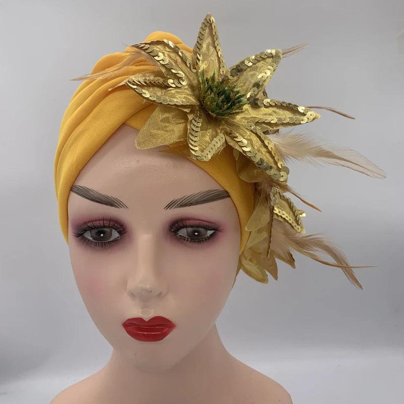2024 New Feather Sequins Turban Caps for Women Wedding Party Headwear Hat African Headtie Muslim Headscarf Female Head Wraps - NamafadStore
