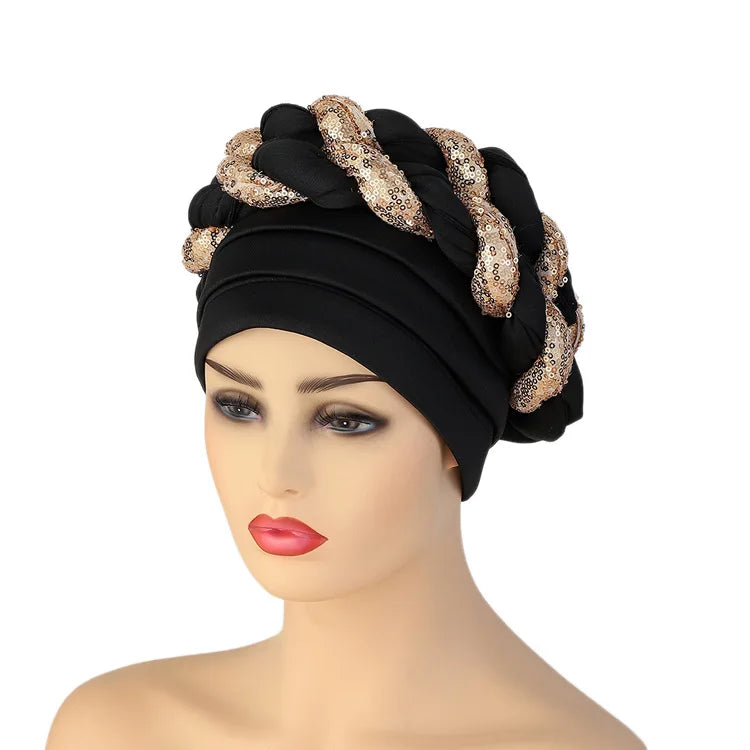 Women Braid Turbans Latest African Headtie Ladies Sequin Head Wraps African Aso Oke Winter Headtie Negerian Wedding Gele Caps - NamafadStore