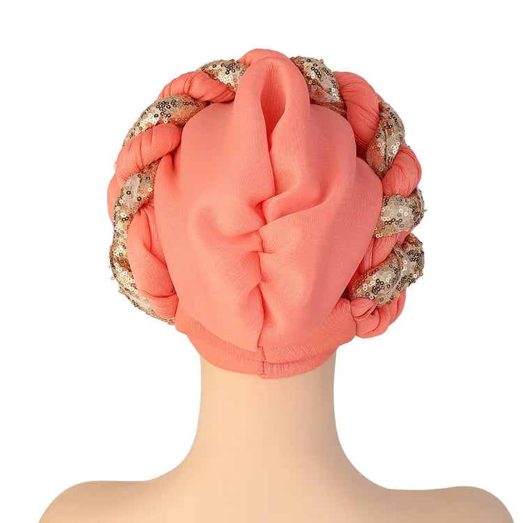 Women Braid Turbans Latest African Headtie Ladies Sequin Head Wraps African Aso Oke Winter Headtie Negerian Wedding Gele Caps - NamafadStore