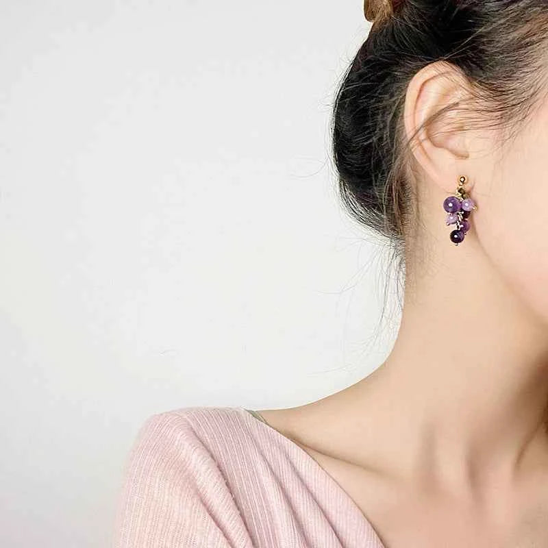 Korean Purple Grape Earrings Retro Fresh Summer No Pierced Clip on Earrings for Woman Sweet Temperament Female Gift Jewelry
