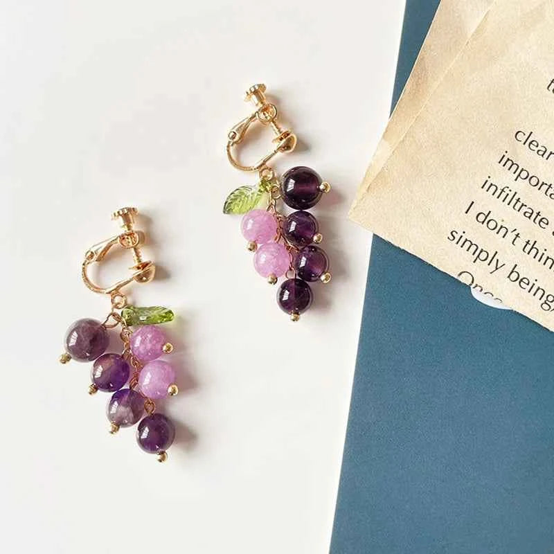 Korean Purple Grape Earrings Retro Fresh Summer No Pierced Clip on Earrings for Woman Sweet Temperament Female Gift Jewelry