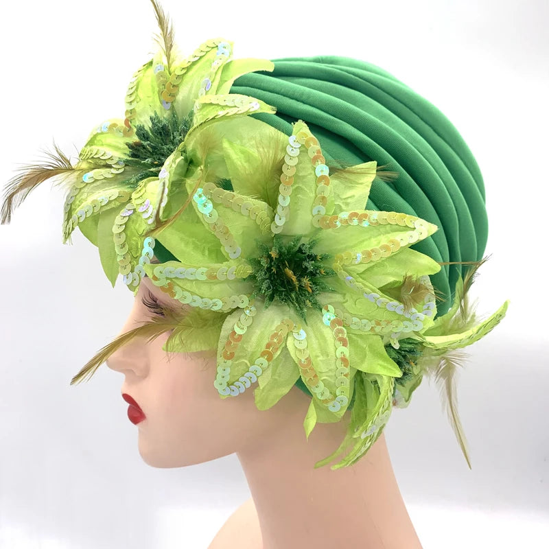 2024 New Feather Sequins Turban Caps for Women Wedding Party Headwear Hat African Headtie Muslim Headscarf Female Head Wraps - NamafadStore