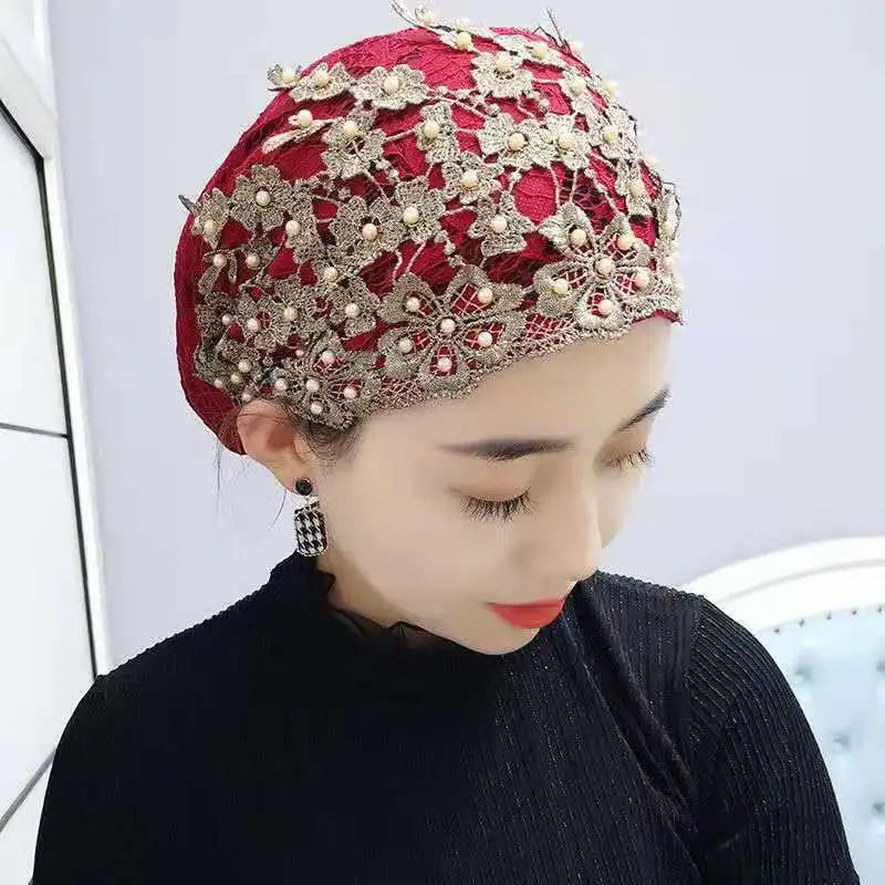 Breathable Lace Beading Turban Hat Summer Female Head Wraps Caps Muslim Women Headscarf Bonnet Ready to Wear Inner Hijabs - NamafadStore