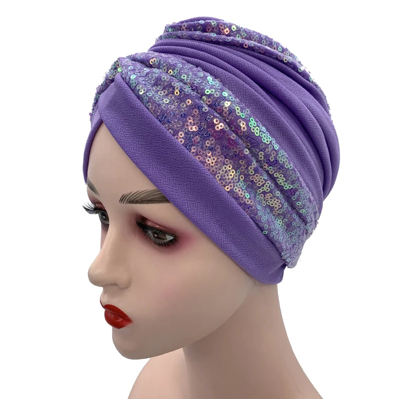 Summer Breathable Sequins Turban Cap Women's Head Wraps Muslim Headscarf Cap India Hat Ready Hijab Bonnet Turbante Mujer - NamafadStore
