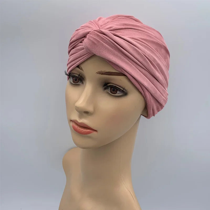 Fashion Women Cross Twist Suede Turban Caps Soild Color Female Headscarf Bonnet Muslim Hijab Cap Islamic Under Scarf India Hat - NamafadStore