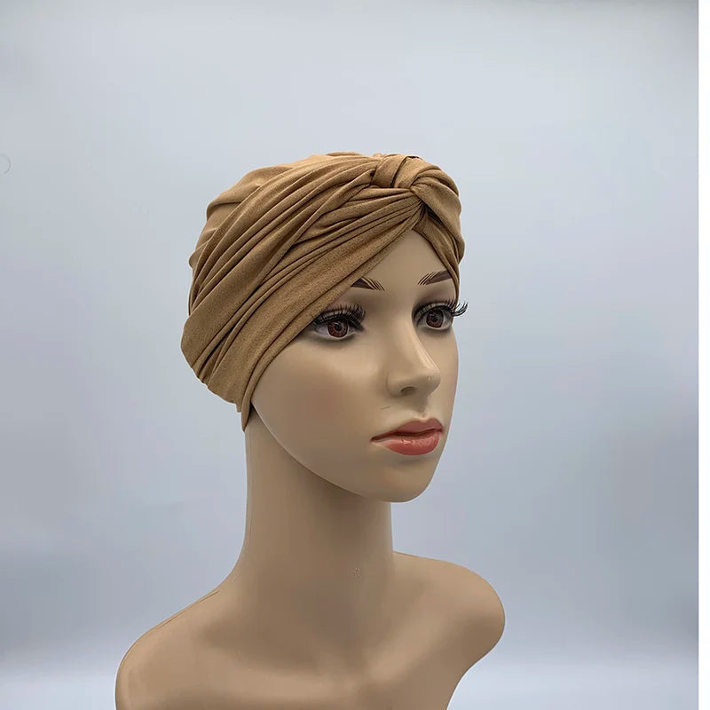 Fashion Women Cross Twist Suede Turban Caps Soild Color Female Headscarf Bonnet Muslim Hijab Cap Islamic Under Scarf India Hat - NamafadStore