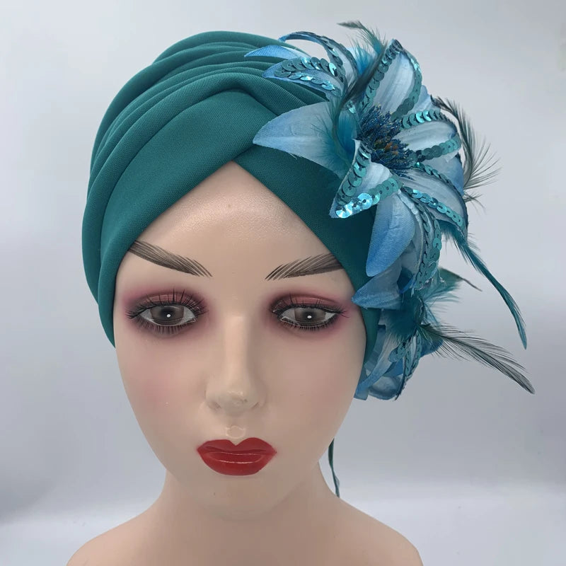 2024 New Feather Sequins Turban Caps for Women Wedding Party Headwear Hat African Headtie Muslim Headscarf Female Head Wraps - NamafadStore