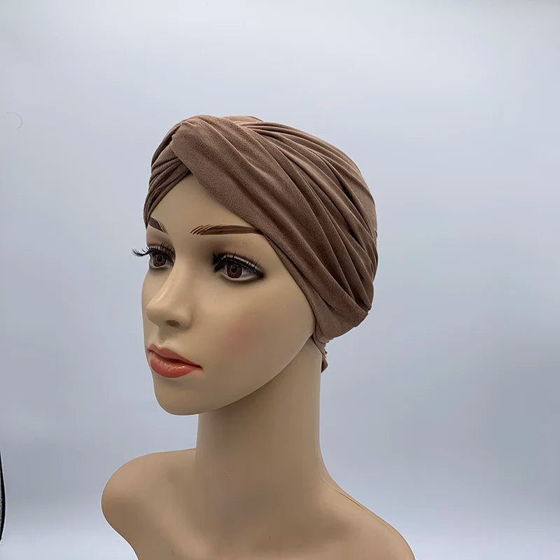 Fashion Women Cross Twist Suede Turban Caps Soild Color Female Headscarf Bonnet Muslim Hijab Cap Islamic Under Scarf India Hat - NamafadStore