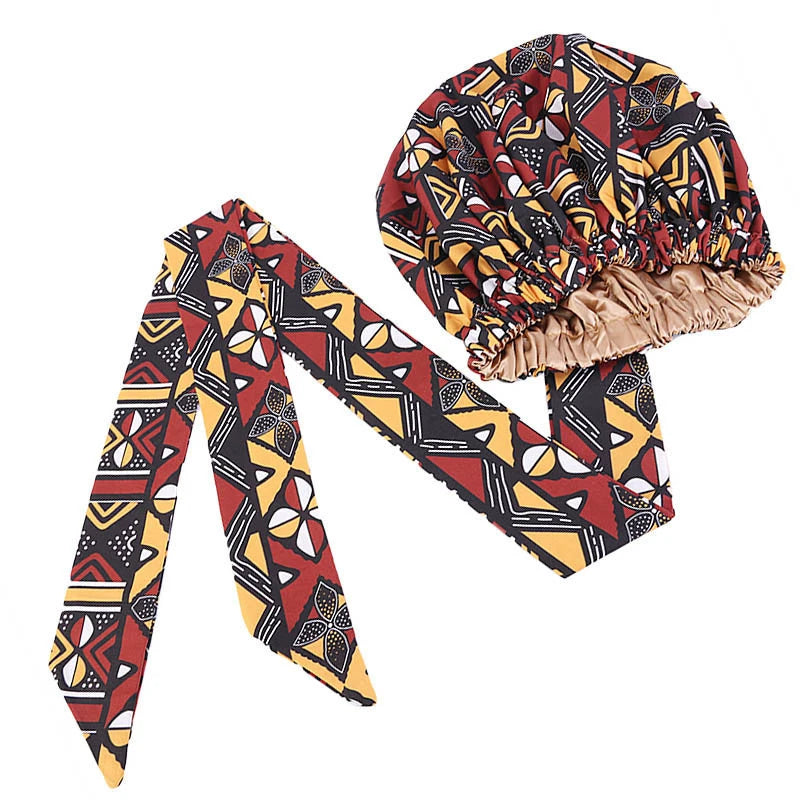 Satin Lining African Pattern Bonnet With Long Ribbon Women's Head Wrap Turban Cap Floral Print Ankara Hair Bonnet Hat - NamafadStore