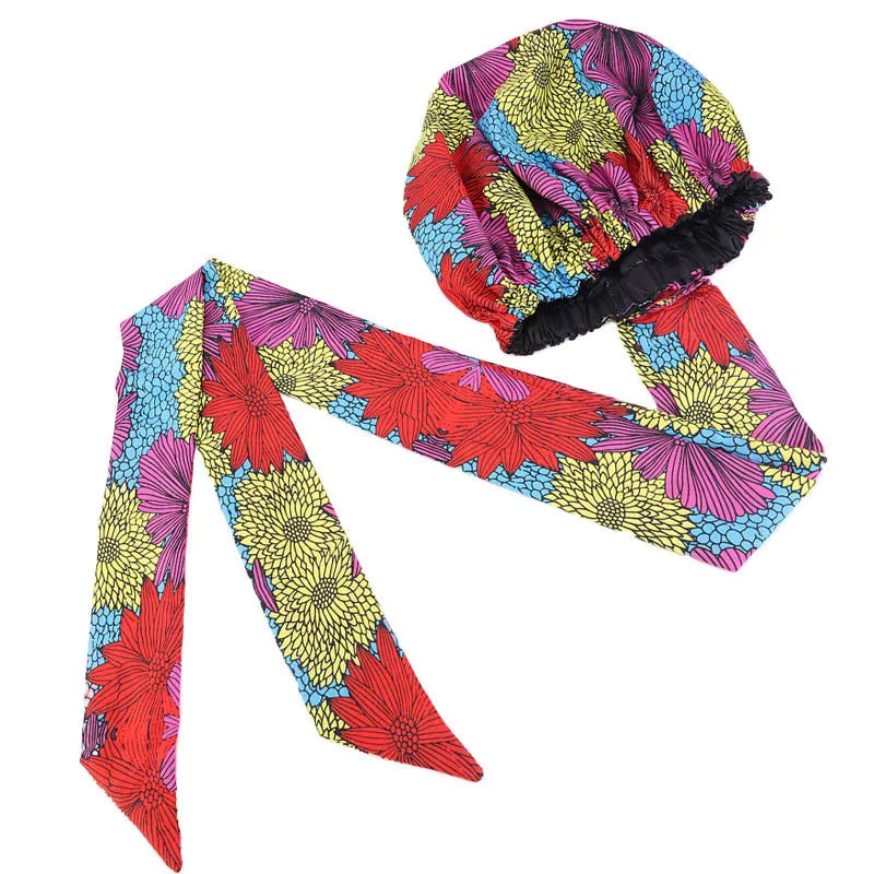 Satin Lining African Pattern Bonnet With Long Ribbon Women's Head Wrap Turban Cap Floral Print Ankara Hair Bonnet Hat - NamafadStore