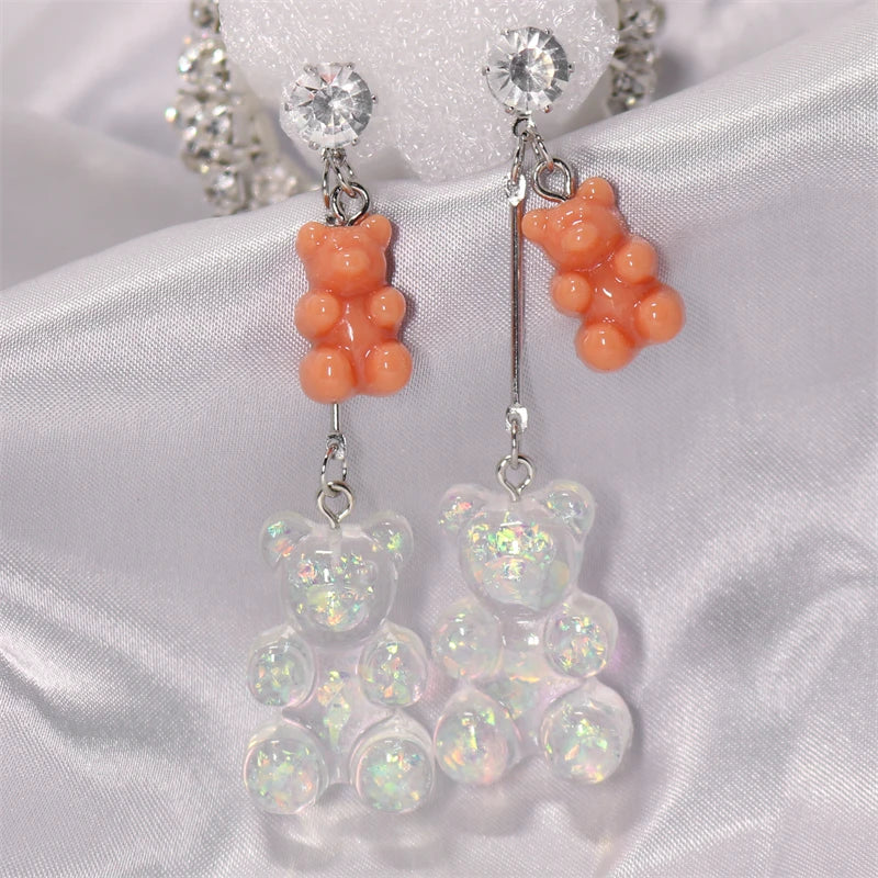 New Fashion Sequins Resin Gummy Big Bear Long Dangle Earrings Women Girl DIY Cartoon Animal Bear Earrings Creative Drop Jewelry