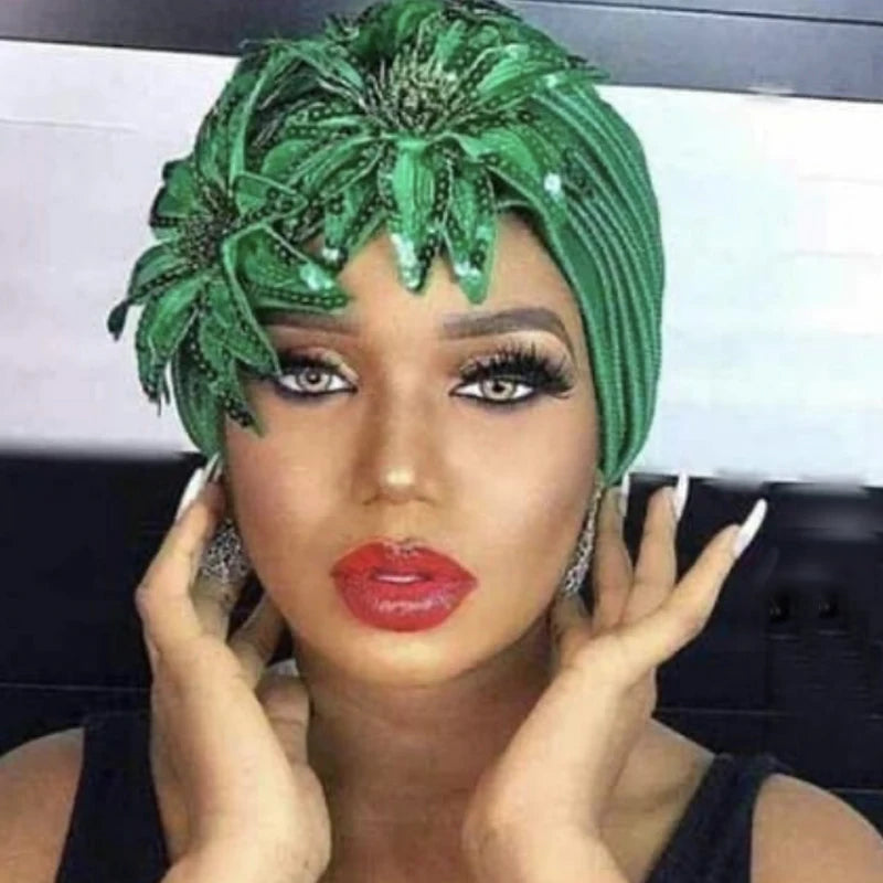 2024 New Feather Sequins Turban Caps for Women Wedding Party Headwear Hat African Headtie Muslim Headscarf Female Head Wraps - NamafadStore