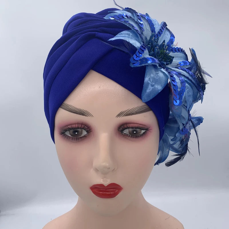 2024 New Feather Sequins Turban Caps for Women Wedding Party Headwear Hat African Headtie Muslim Headscarf Female Head Wraps - NamafadStore