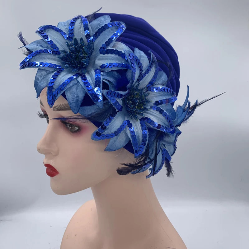 2024 New Feather Sequins Turban Caps for Women Wedding Party Headwear Hat African Headtie Muslim Headscarf Female Head Wraps - NamafadStore