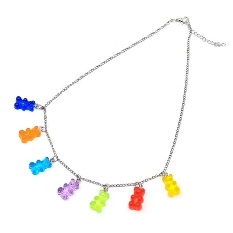 Colorful Resin Gummy Bear Pendant Necklace Cute Transparent Rainbow Candy Color Bear Chain Necklace Lovely Party Jewelry